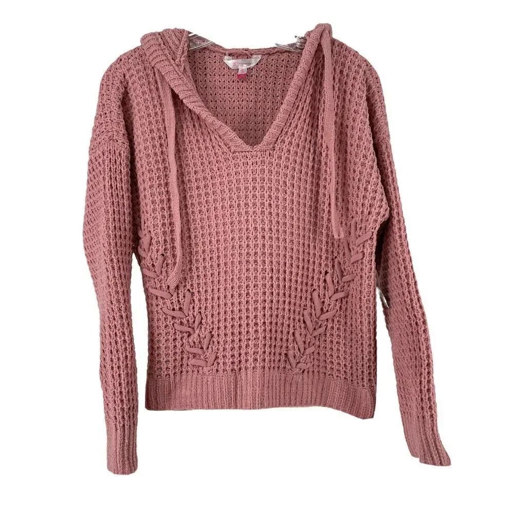 Chenille Hoodie Pink Laced Pullover V Neck Soft Casual Cozy Top Juniors L 11-13